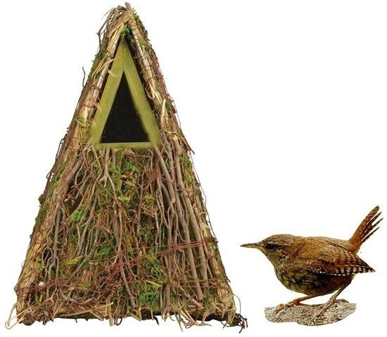 Houten vogelhuisje/nestkastje groene takjes/mos 24 cm - Tuindecoratie vogelnest nestkast vogelhuisjes
