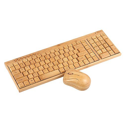 Fesjoy 2.4G Wireless Bamboo PC Keyboard and Mouse Combo - Natural Wood - Yellow
