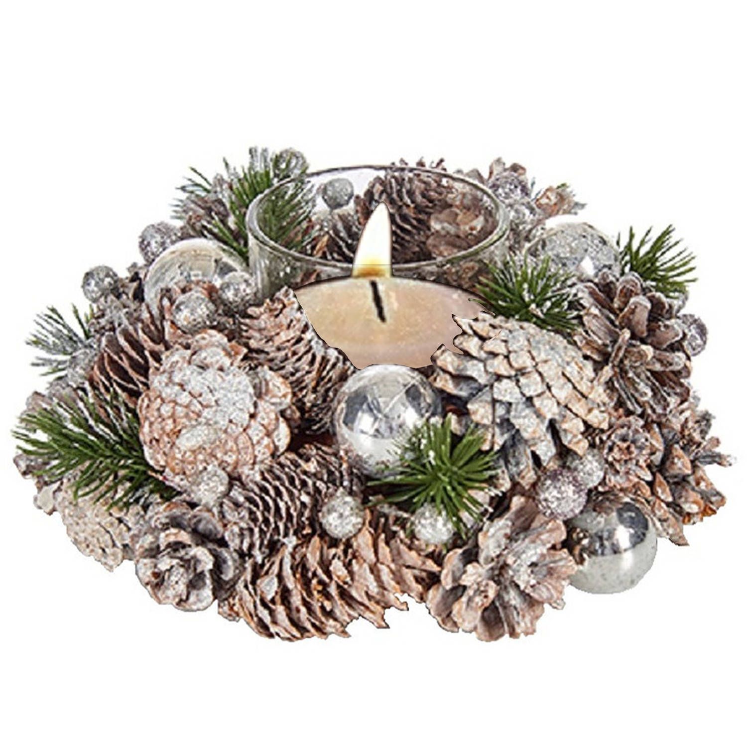 Arte r Kerst thema kaarsenhouder ornament silver/green nature 19 x 19 x 9 cm - Tafel decoratie