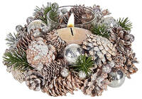 Arte r Kerst thema kaarsenhouder ornament silver/green nature 19 x 19 x 9 cm - Voor 1x kaarsjes - Tafel decoratie