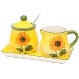 Dekohelden24 Dolomite suikerpot met lepel, melkkannetje en plaat als set van 3, motief: zonnebloem in geel/groen, afmeting ca. 19 x 10,5 cm.