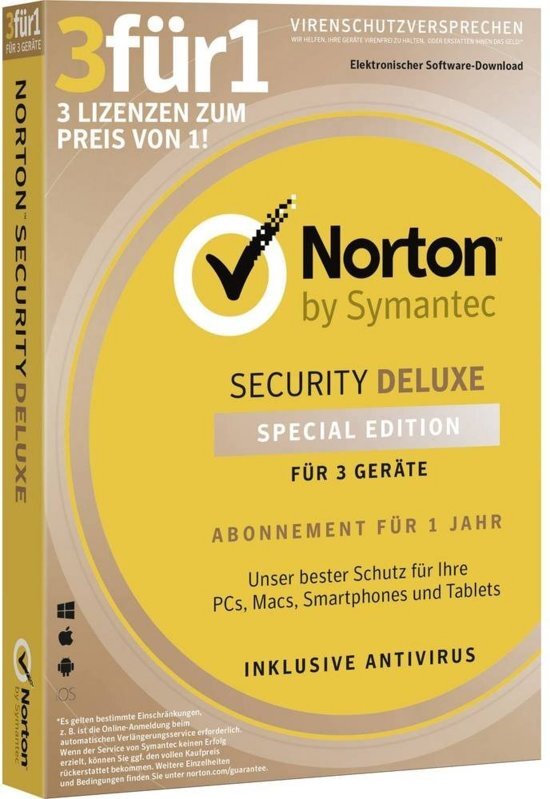 Norton Symantec Security Deluxe 2019 3.0 voor 3 Apparaten 1 Jaar Duitse verpakking met taalkeuze bij installatie