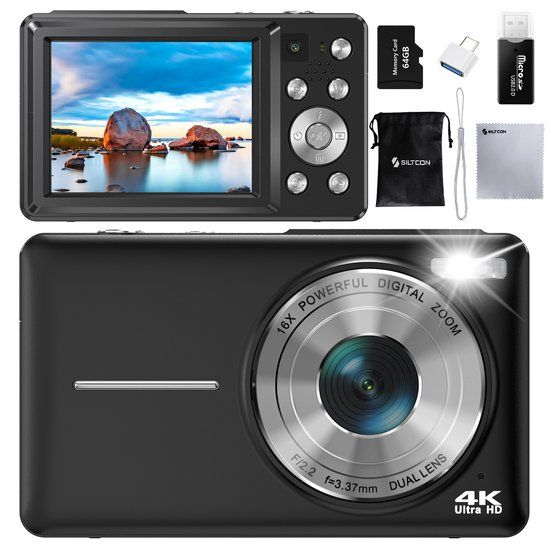 Siltcon Digitale Camera - 4K Ultra HD & 64MP - Zwart - Dual Lens - 16x Zoom
