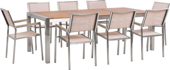 Beliani Tuinset eucalyptushout met 8 gestoffeerde stoelen beige GROSSETO