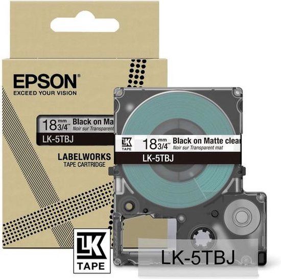 Epson LK-5TBJ matte tape zwart op transparant 18 mm (origineel)