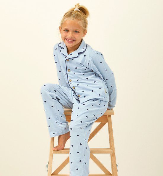Little Label Klassieke Meisjes Pyjama Lichtblauw Hartjes 8Y/122-128 BIO Katoen