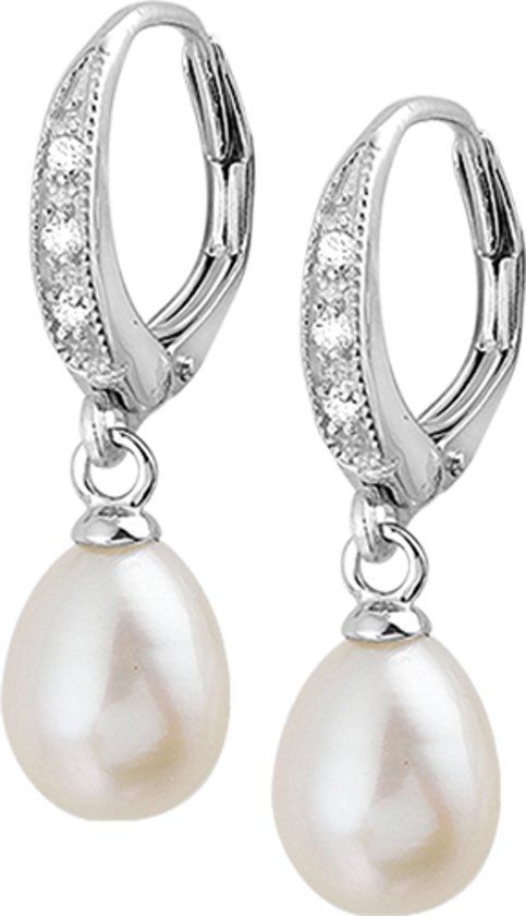 The Jewelry Collection Oorhangers Parel En Zirkonia - Zilver Gerhodineerd