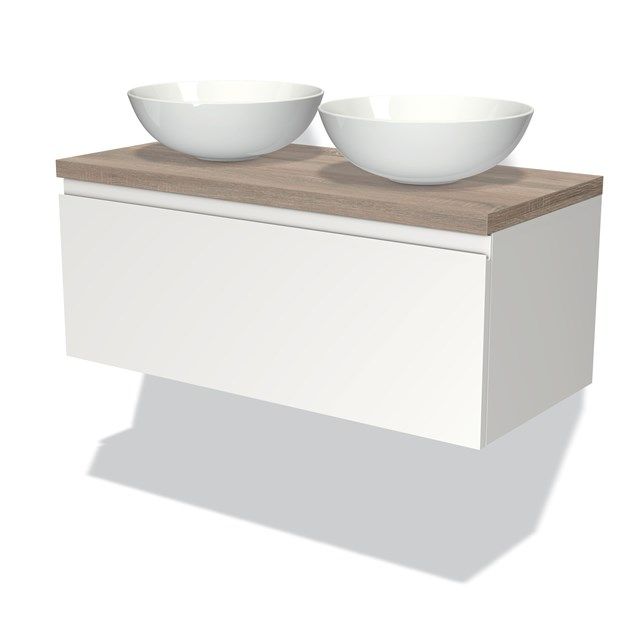 Maxaro Badkamermeubel Modulo Plato 100cm Mat Wit 1 Lade Greeploos Eiken Blad