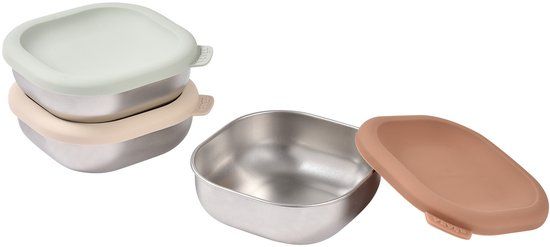 Béaba Inox Bewaarbakjes – Set van 3 × 250 ml – Hermetisch met Siliconen Deksel – Magnetronbestendig (zonder deksel) – Voor Babyvoeding & Snacks
