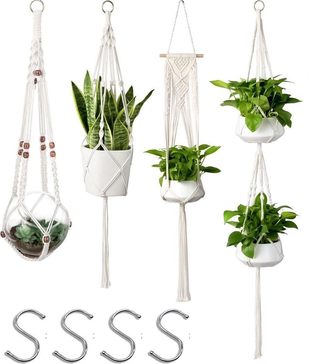 Spieringstore 4 Stuks Plantenhangers - Boho Handgeweven Katoen Hangpot voor Binnen/Buiten - Bloempot met Kralen - Macramé Touw/Koord Hangplant Houder - Bohemian Wandhanger Decoratie - Verticale Tuin Plant Hanger Bloempothouder Planthanger Wit