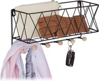Relaxdays wandrek met haken - metaal en hout - rooster design - 6 haken - 17 x 36 x 13 cm - zwart