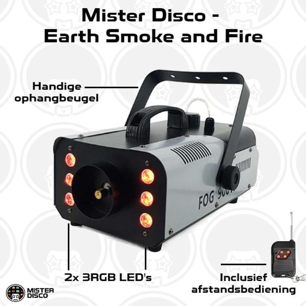 Mister Disco - Earth, Smoke & Fire | Rookmachine | 900W | LED verlichting | Rookpistool | Smoker | Incl. Afstandsbediening | Partybox | Vape | Rook kanon