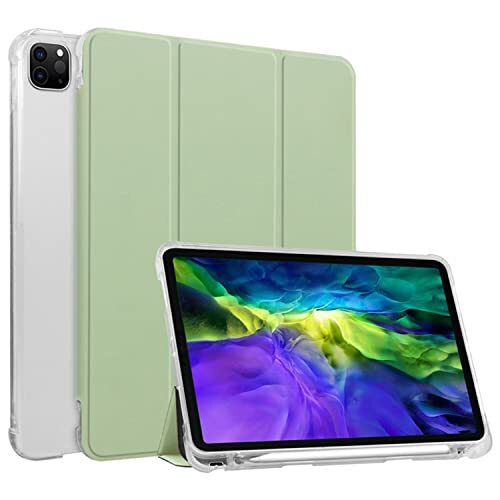 HUEZOE Hoes compatibel met iPad Pro 11 inch, model 2021/2020/2018, zachte TPU transparante achterkant klapstandaard beschermhoes met penhouder, auto slapen/waken, matcha groen