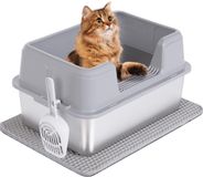 BeiJingLiangPinJiaZuoKeJiWenHuaFaZhanYouXianGongSi Bac à litière pour chat Inox - Ouvert avec bord haut - Anti-fuite - Sans odeur - Fond antiadhésif - Facile à nettoyer - Tapis et pelle à litière inclus - Gris - 50 x 35 x 28 cm