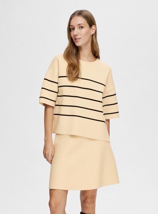 Selected Femme Liva Gestreepte Trui - Ecru/Zwart - Driekwart Mouw - Dames