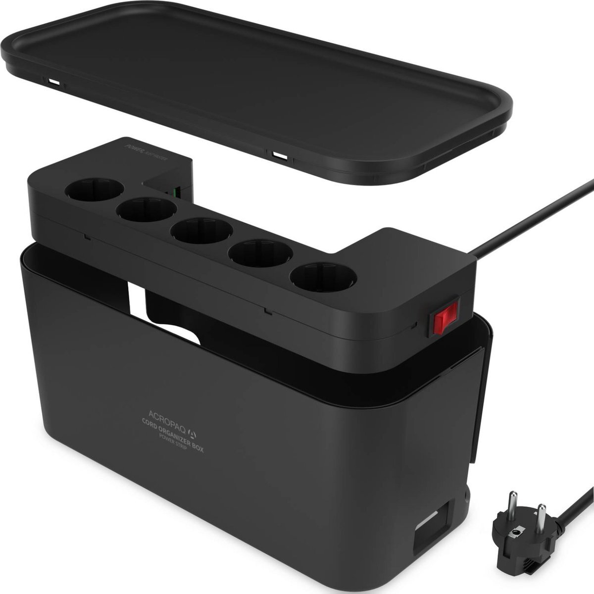 Acropaq Kabelbox inclusief stekkerdoos en USB lader - 5-voudig + 3 x USB-A, Met schakelaar - Opbergbox, Snellader Iphone en Samsung, Kabel organiser - Zwart