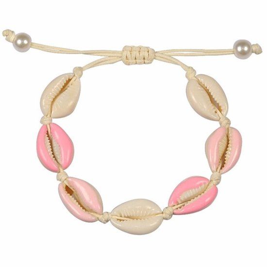 Fako Bijoux® Schelpjes Armband - Wit - 4x Roze - Textiel - 18 cm - Roze - Vrouwen