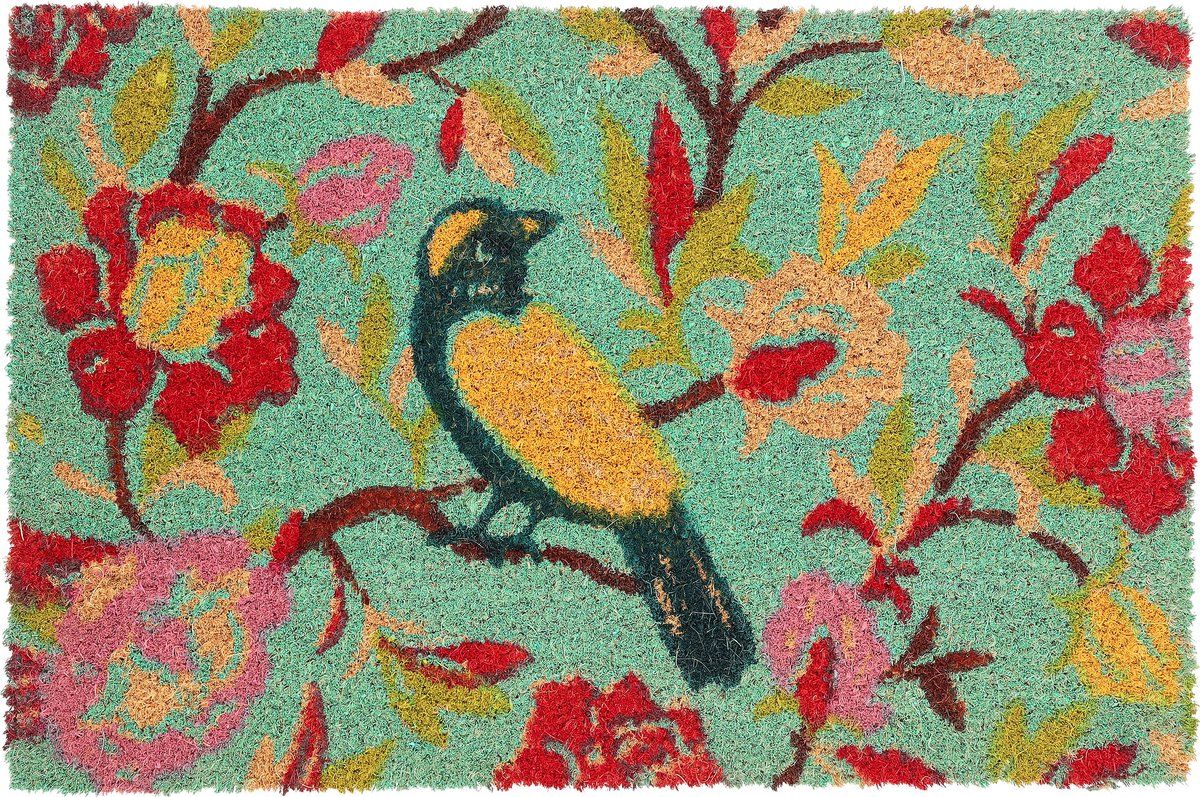 Relaxdays deurmat met vogel - droogloopmat - 40 x 60 cm - kokosmat - met print - blauw, geel, rood