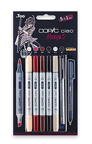 Copic Ciao Marker 5+1 Set "Manga 5", 5 alcohol gebaseerde allround lay-outmarkers met een middelbrede en een penseelpunt, incl. 1 multiliner 0,3 mm