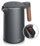 Arendo waterkoker, roestvrij staal, 1,5 liter, 2200 W, theekoker met 7 temperatuurinstellingen (45 tot 100 °C), dubbelwandig, LED-display, BPA-vrij, handgreep met houtlook, kalkfilter, kleur: cool grijs