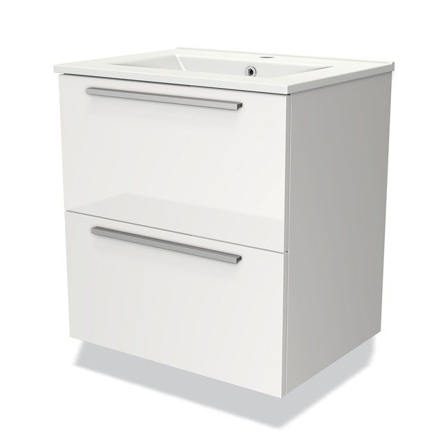 Maxaro Badkamermeubel 60cm Modulo Hoogglans Wit 2 Lades Vlak Wastafel Keramiek