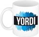 Bellatio Decorations Shoppartners Bv Yordi naam cadeau koffie mok - beker - met blauw verfstrepen - Cadeau collega - vaderdag - verjaardag - meester - coach - 300 ml - wit