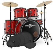 Gear4music BDK-1plus Fullsize Beginnersdrumstel + Oefenpakket, Rood