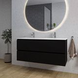 Saniclass Chaci Badkamermeubelset - 120x46x55cm - keramische wastafel wit - 2 wasbakken - 2 kraangaten - 2 lades - ronde spiegel met verlichting - mat zwart