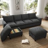 STILVORA U-Bank 264,5 x 142,5 x 84 cm - Modulaire Hoekbank Met 2 Voetenbanken En Opbergruimte - Chenille - Zwart