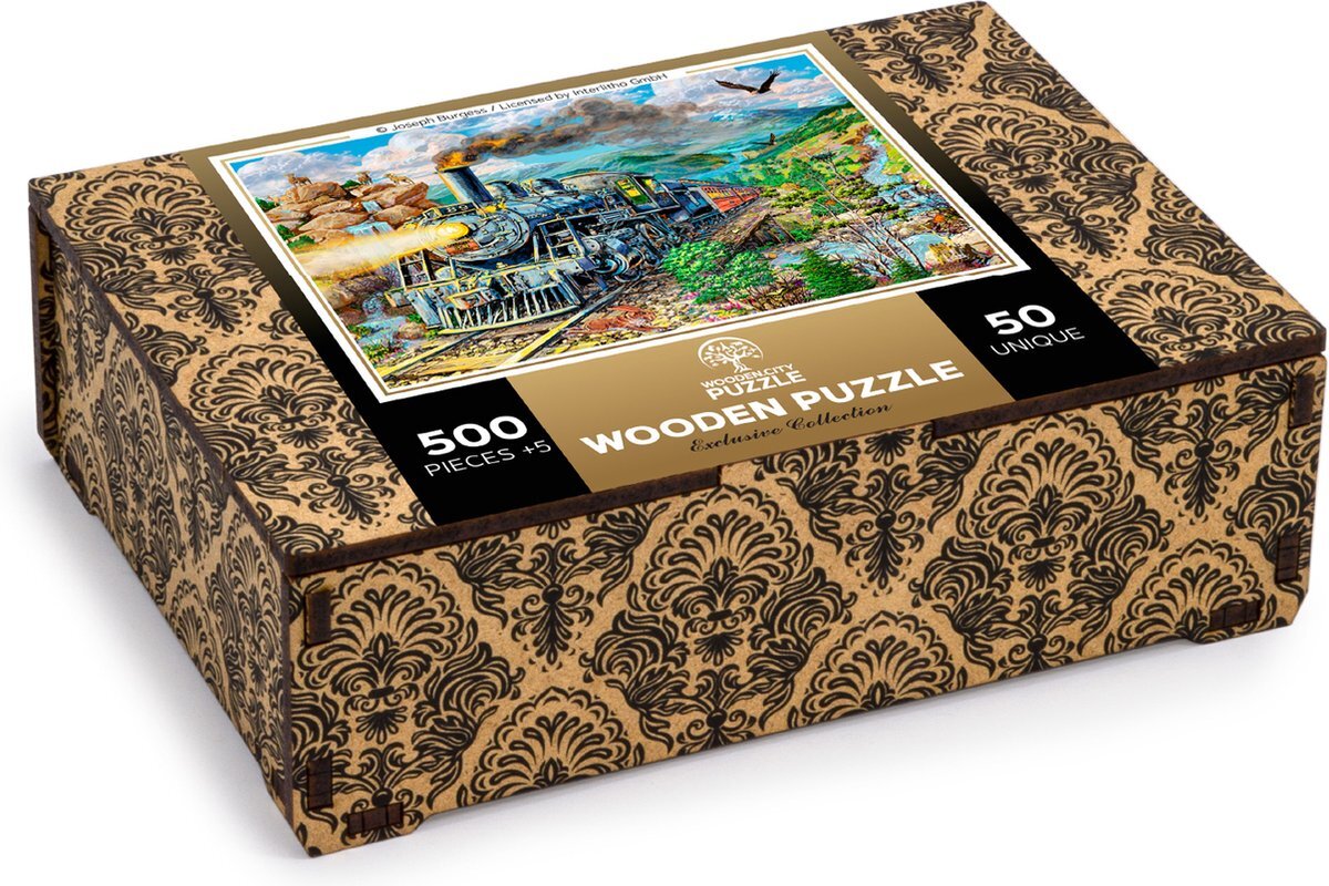 Wooden City 500 +5-delige houten puzzel spoorweg - retro nostalgie stoomtrein legpuzzels voor kinderen en volwassenen - stationlandschap legpuzzel met ongebruikelijke gevormde dierlijke stukken