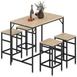 HOMCOM Ensemble table de bar industrielle + 4 tabourets en bois, couleur chêne clair, cadre en métal, noir