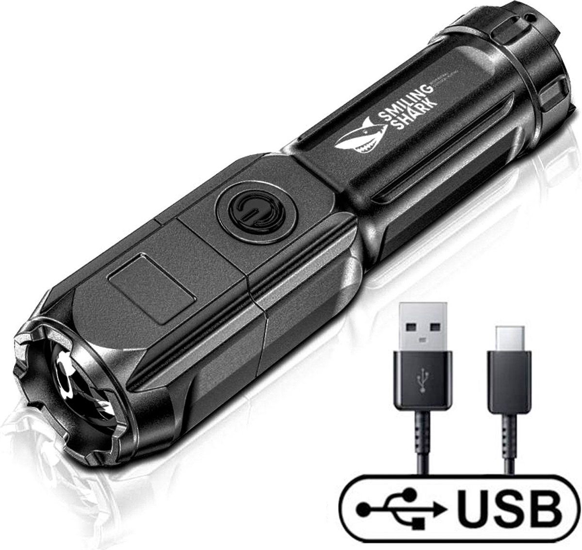 Multi Media Group Militaire zaklamp - LED - Inzoombaar - USB oplaadbaar - Spatwaterdicht - incl. fiets steun - Zwart