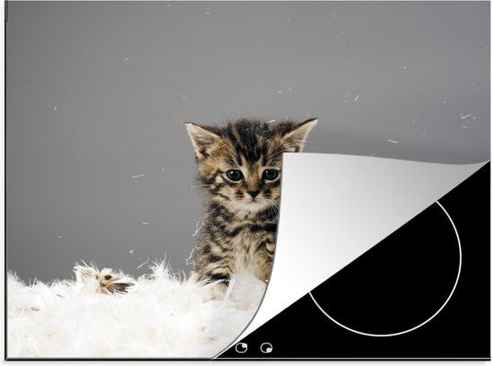 KitchenYeah® Inductie beschermer 75x52 cm - Kitten - Veren - Grijs - Inductiebeschermer voor kookplaat