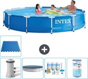 Intex Rond Frame Zwembad - 366 x 76 cm - Blauw - Inclusief Pomp, Afdekzeil, Onderhoudspakket, Filter & Vloertegels