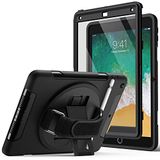 JETech Case voor iPad 9,7-Inch (6e/5e Generatie, Model 2018/2017) met Screen Protector, Schokbestendig Robuuste Cover Hoes met Schermbeschermer, 360° Roterende Handriemstandaard (Zwart)