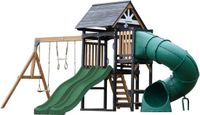AXI Cody Speeltoestel met Schommels, Trapeze en Klimwand - Groene Dubbele Glijbaan – Met Buisglijbaan – Met Picknickbank - FSC 100% hout – Speeltoren voor de tuin / buiten
