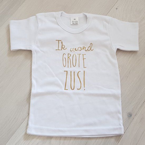 Merkloos / Sans marque Shirt Ik word grote zus - wit met goud - maat 104 - zwangerschap aankondiging - korte mouw