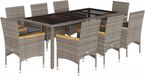 vidaXL 9-delige tuinset met kussens, grijs, van polyrotan met glas