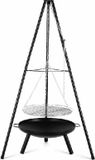 Foyer extérieur/gril - Trépied avec poêle/grille suspendue - Fonte - Gril à charbon - Émaillé - Réglable - Hauteur 152 cm - Portable