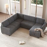 MODFU U-Vormige Hoek-Slaapbank - Slaapfunctie - Opbergruimte - Corduroy - Grijs - 274 X 220 X 85 Cm