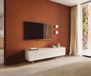 Meuble TV Cuor 180 cm Céramique Laminam® Travertino Bianco Crème-blanc 1 clapet 2 tiroirs Pied optique flottant Verre acrylique