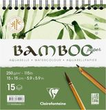 Clairefontaine 975924C - Aan de Bovenzijde Gelijmd Spiraalblok Bamboo - 15 Vellen 100% Bamboe Aquarelpapier Naturel Wit 100% Vegan - Subtiele Korrel Professionele Kwaliteit 15x15 cm 250g