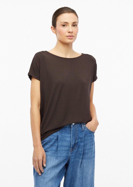 s.Oliver T-shirt Vrouwen donkerbruin Viscose Aansluitend Korte mouw Ronde hals Extra kort Effen 46