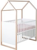 roba 2-in-1 baby- en co-slaapbed cabane in huisdesign, 60 x 120 cm, 6 in hoogte verstelbaar, 5 afneembare stangen, tweekleurig, natuurlijk hout + wit