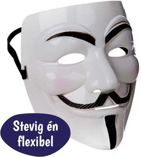 Happy Happenings Anonymous Masker - V For Vendetta Mask - Halloween Maskers voor Volwassenen - Verkleedkleding Dames en Heren - Carnavalskleding Kinderen - Anoniem - Jongens Carnaval Kostuum – Horror Mask – Eng Verkleden - Guy Fawkes - La Casa De Papel - Wit