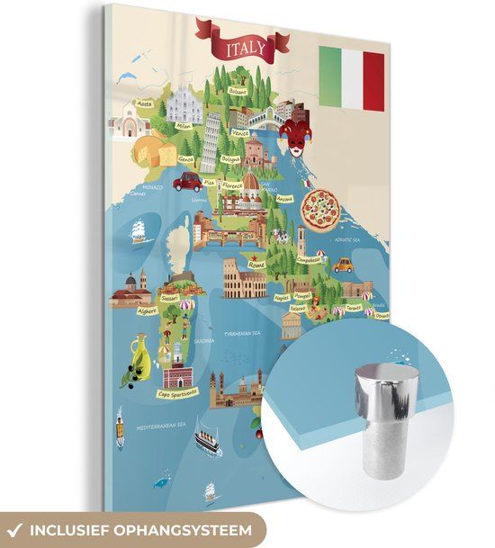 MuchoWow® Glass Painting 60x80 cm - Acrylic Glass Painting - Map - Italy - Illustration - Photo on Glass - Paintings