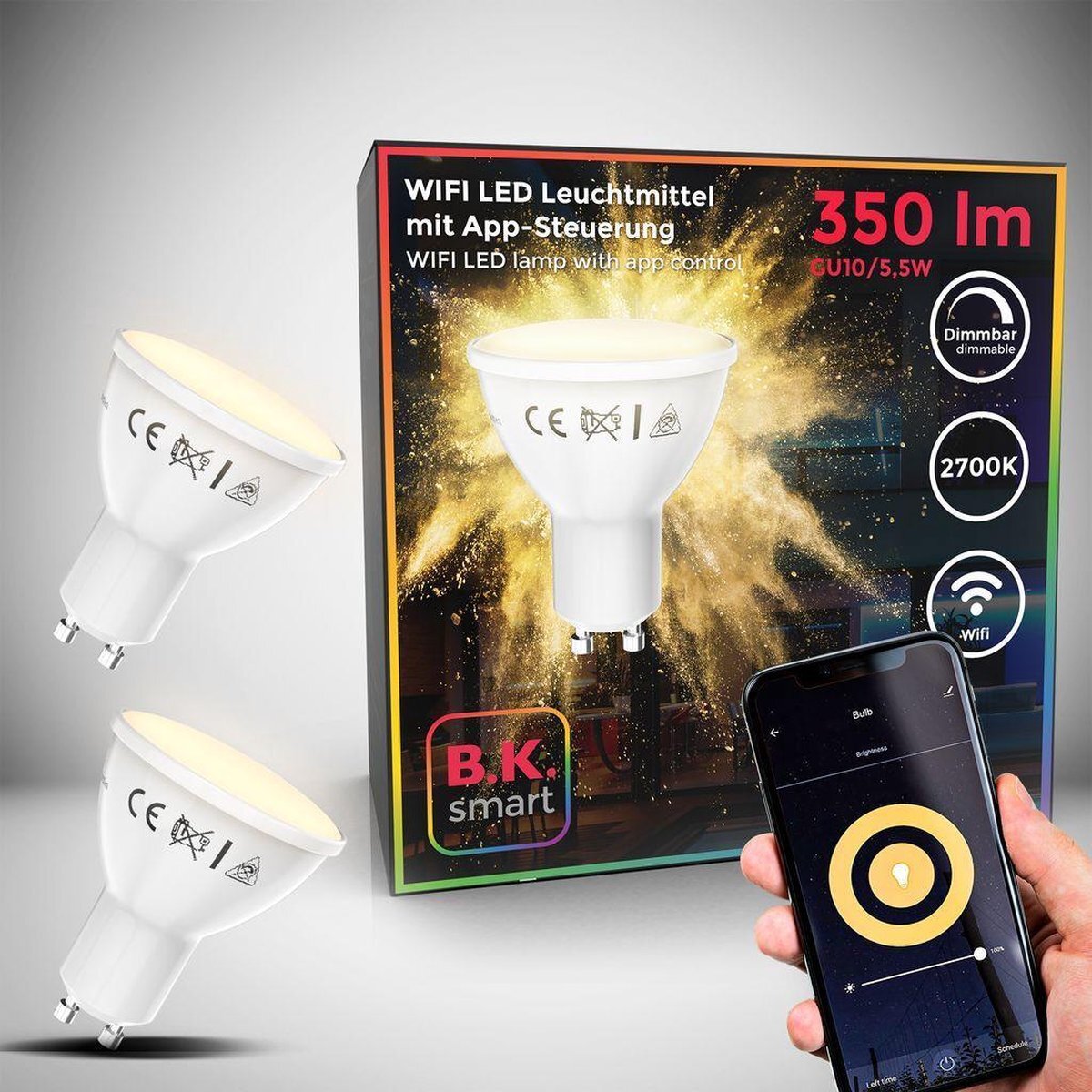 B.K.Licht - Slimme Lichtbron - set van 2 - smart lamp - met GU10 - 5.5W LED - WiFi - App - 2.700K warm wit licht - 350 Lm - voice control - lampjes - LED lamp