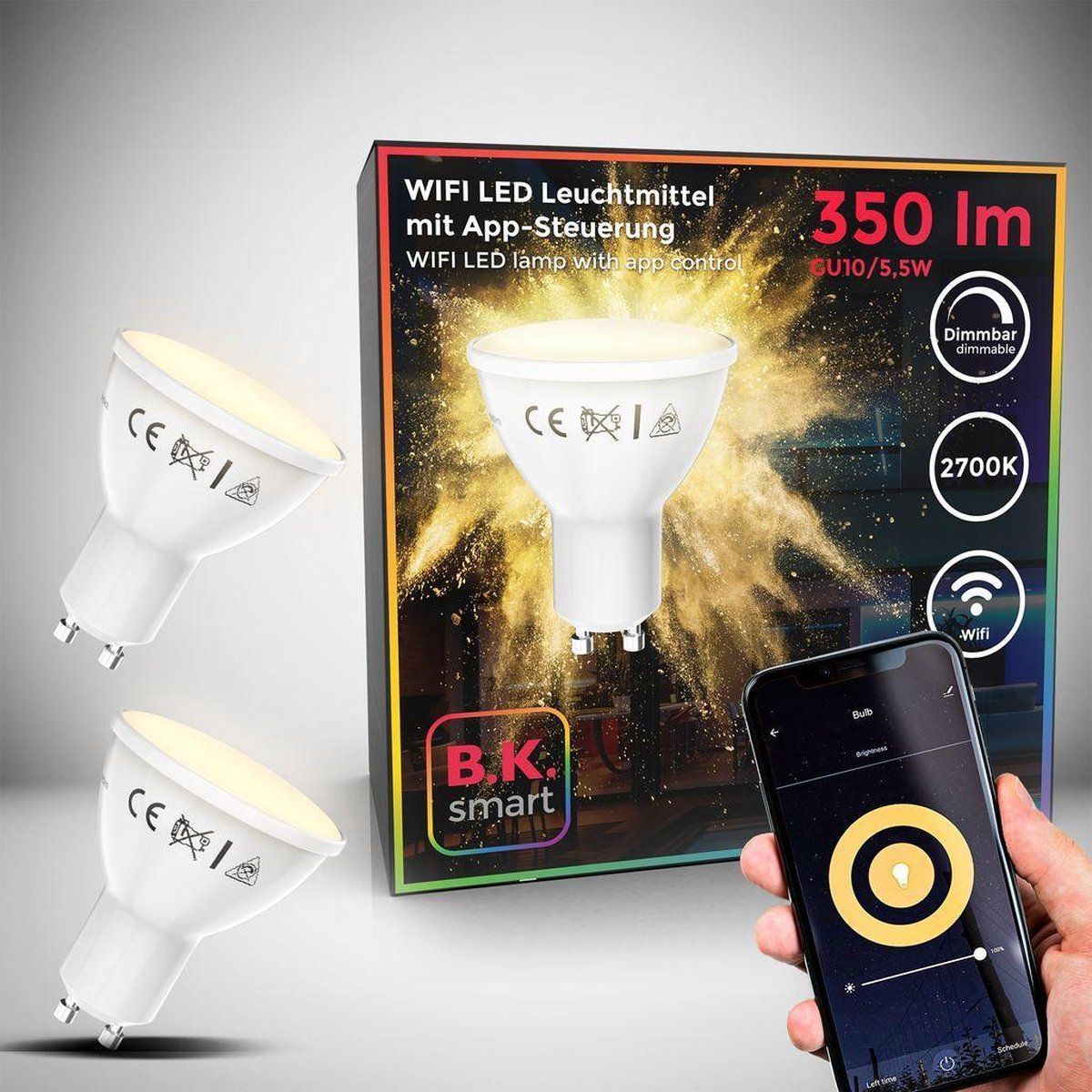 B.K.Licht - Slimme LED Lamp - GU10 - Set van 2 - WiFi - 2700K - 5.5W - 350Lm - Dimbaar - App en Voice Control