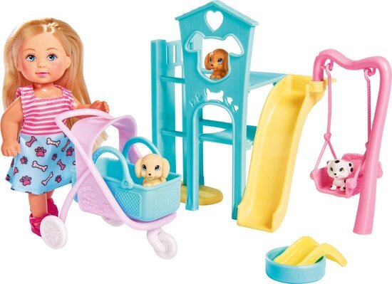 simba 105733477 - Evi Love Puppy Fun pop, met drie schattige hondenpuppy's en leuke hondenspeelplaats, schommel, glijbaan en 2-in-1 buggy, 12 cm, geschikt voor kinderen vanaf 3 jaar