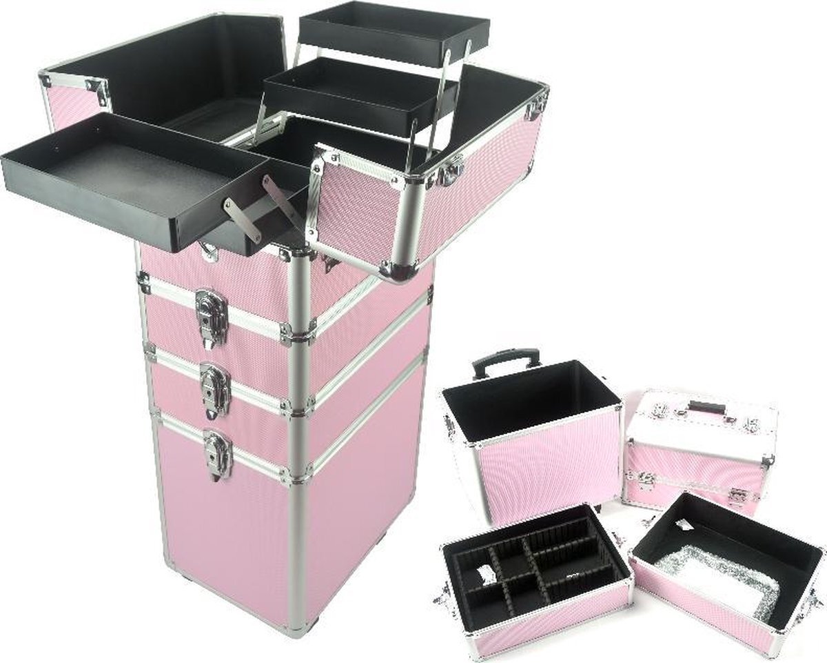 vdd Visagie make up koffer trolley - cosmetica schminken nagel koffer -4 in 1 - Roze